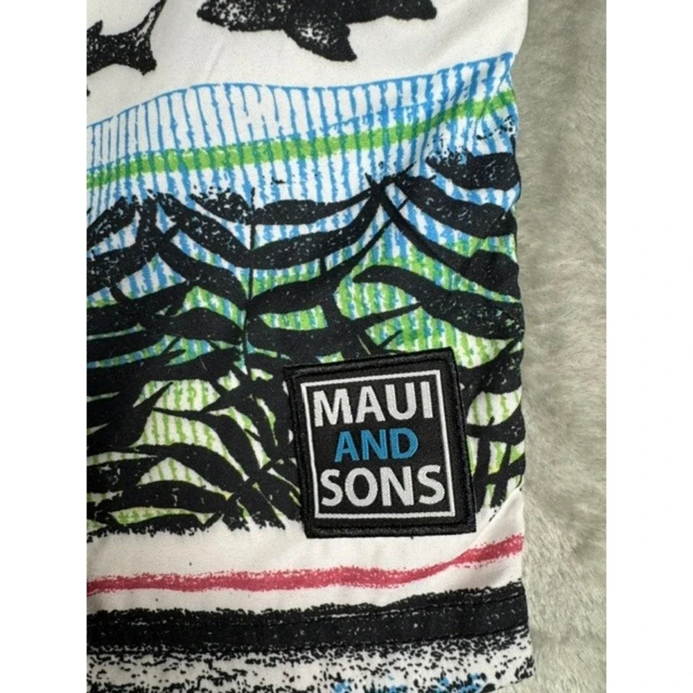 Maui and Sons Swim Trunks Mens Medium Shark Tropical‎ Graphic Board Shorts Multi